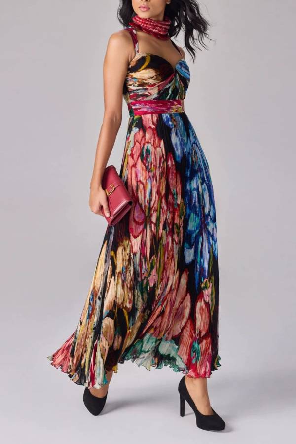 Halter Sweetheart Neck Oil‑Painting Floral Pleated Maxi Dress