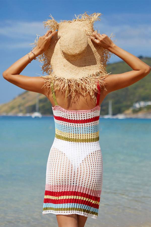 Colorful Striped Openwork Crochet Strappy Mini Dress