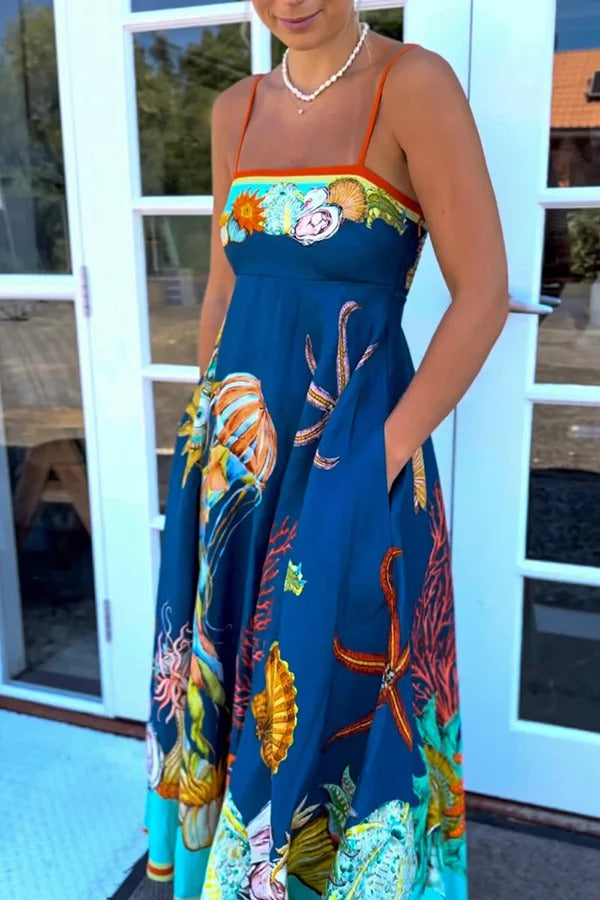 Linen Blend Unique Print Suspenders Back Pleated Pocket Resort Style Maxi Dress Multicolor