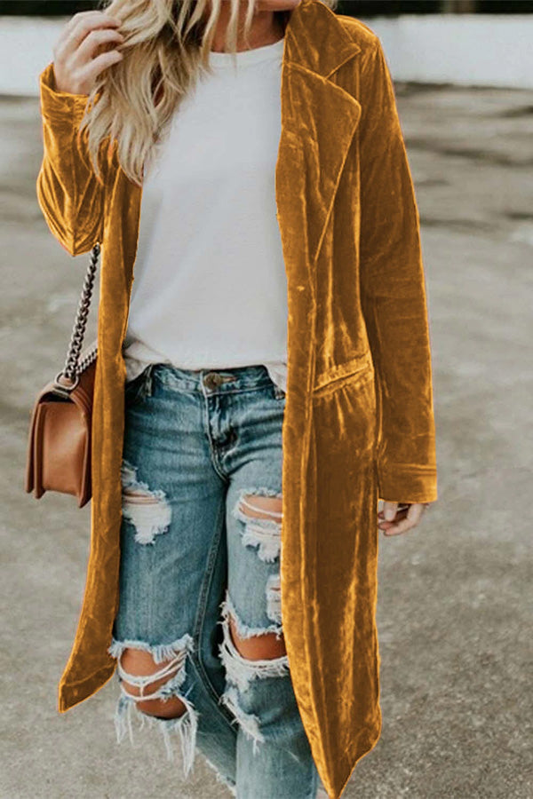 Casual Velvet Lapel Pocket Long Coat Yellow