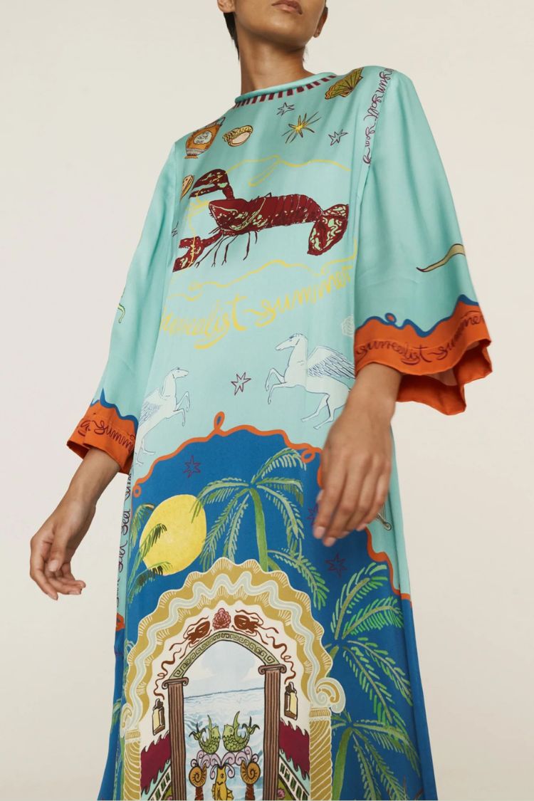 Satin Unique Print Long-sleeve Tie-waist Slit Maxi Dress