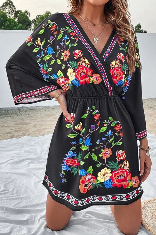 Bohemia Retro Ethnic Style Heavy Industry Print Temperament Slim Waist Slim Short Holiday Dress Black