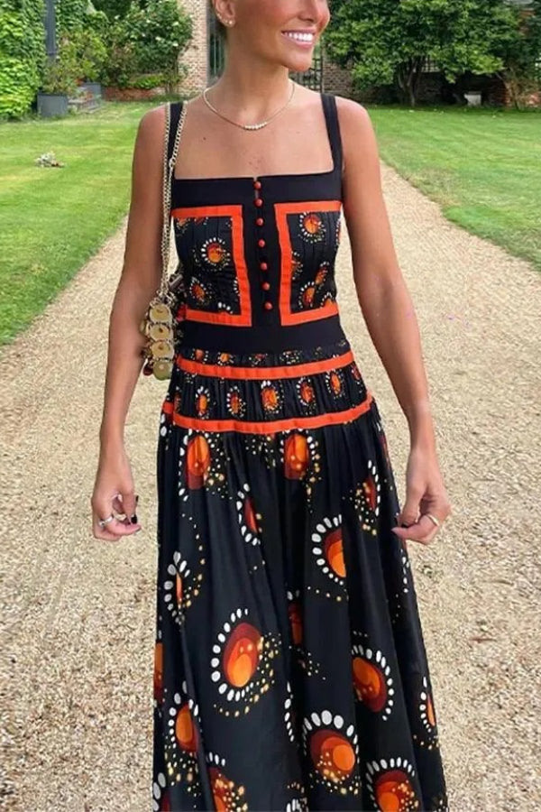 Elegant Printed Square Neck High Waisted Pleated Midi Dress Black