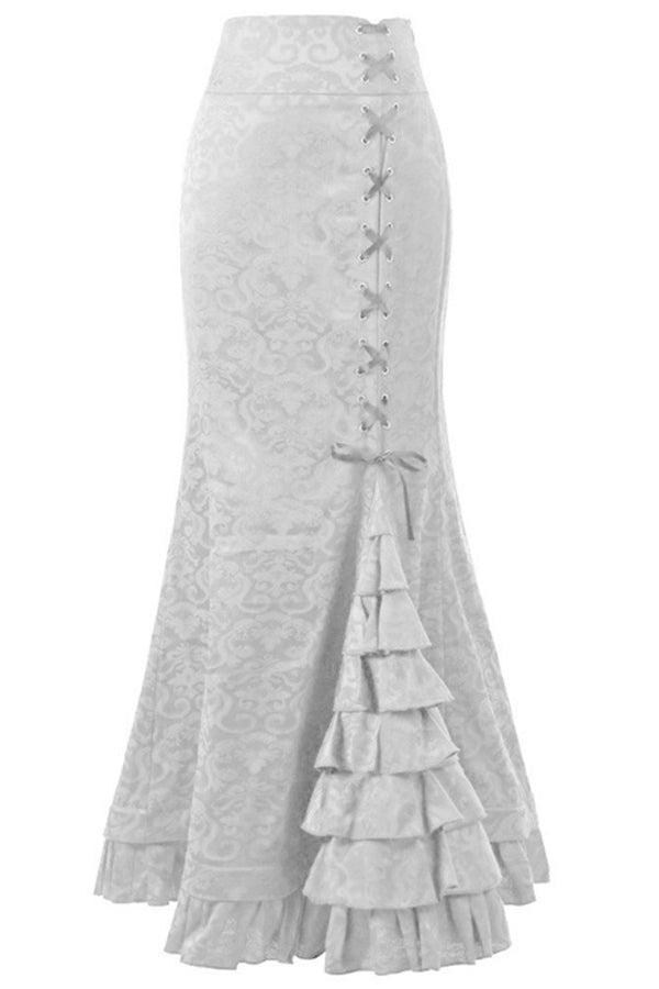Fashionable and sexy fishtail belted jacquard long skirt White