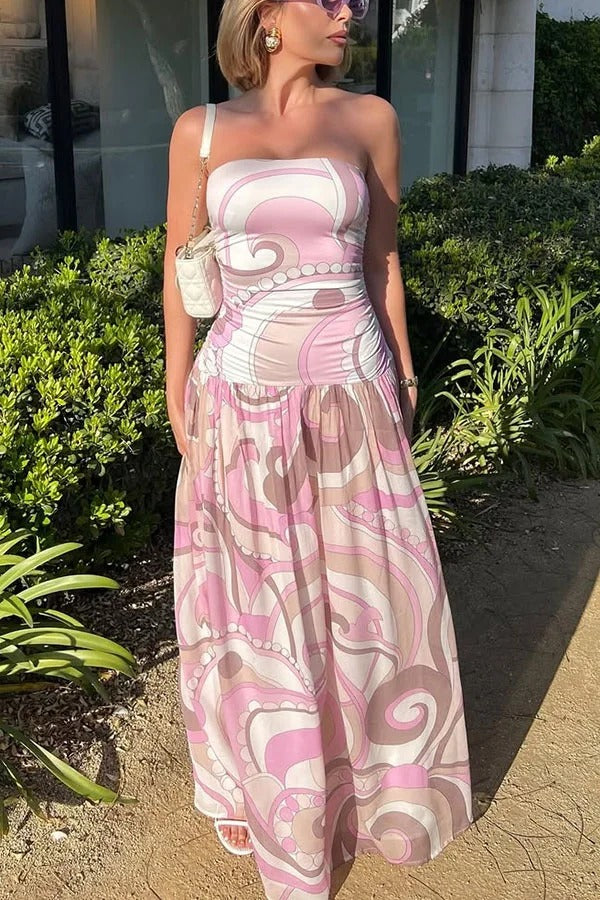 Gorgeous Pastels Unique Print Off Shoulder Low Rise Loose Maxi Dress