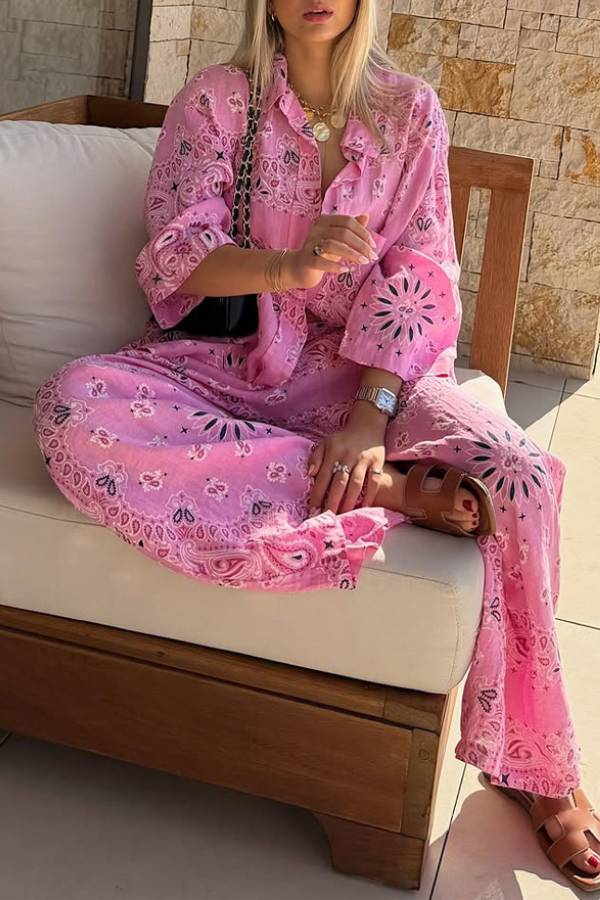 Paisley Print Oversized Shirt & Wide‑Leg Pants Vacation Two‑Piece Set