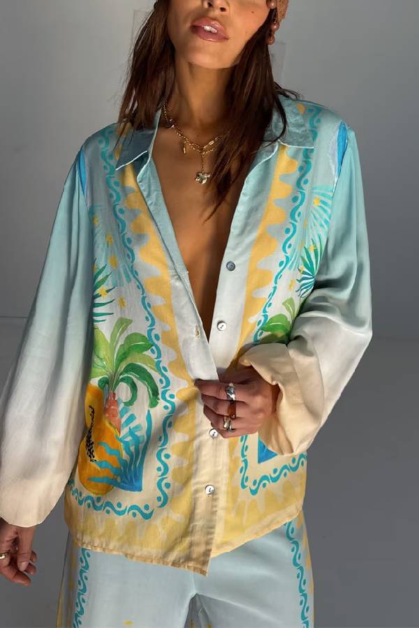 See You in Rio Tropical Fruits Print Button Long Sleeve Loose Blouse