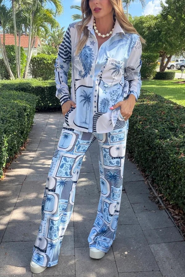 Esella Satin Jungle Print Long Sleeve Shirt and Elastic Waist Pocket Wide Leg Pants Set