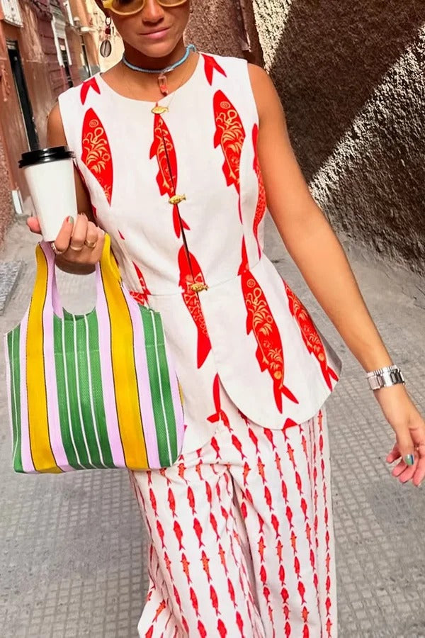 Good Luck Linen Blend Koi Pattern Metal Buttons Waisted Vest