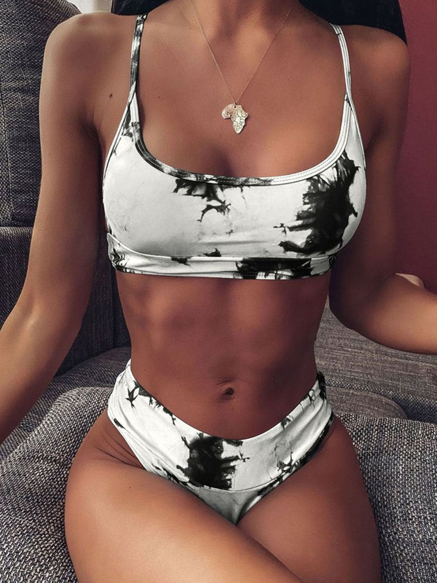 Bandeau Tie-dye Print Two Pieces Swimsuit (5 Colors) Black