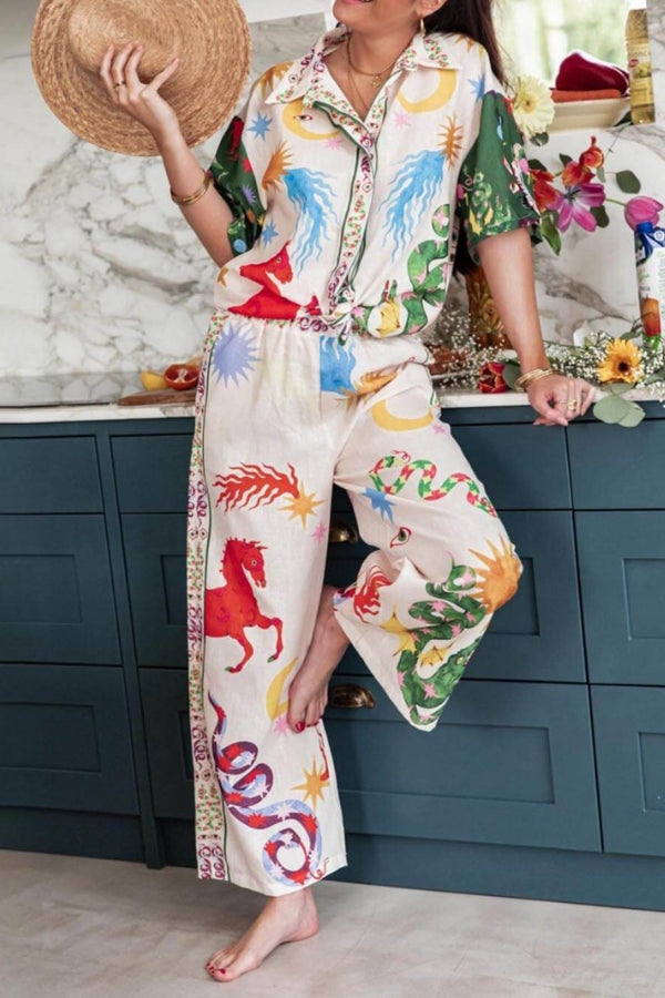 Bohemian Beauty Unique Print Short Sleeve Loose Shirt and Elastic Waist Pants Set Multicolor
