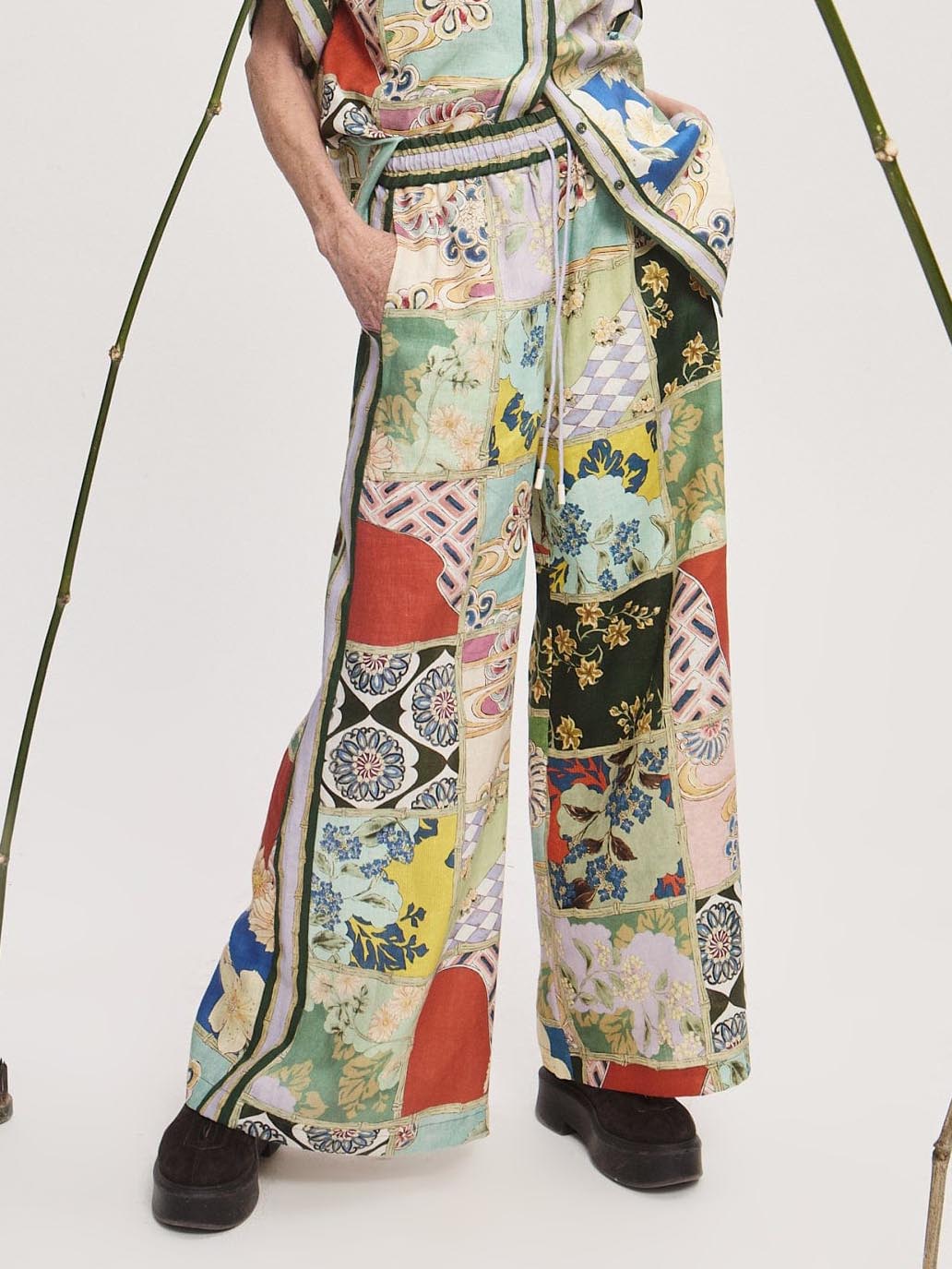 Vintage Artisan Patchwork-Print Hose mit weitem Bein