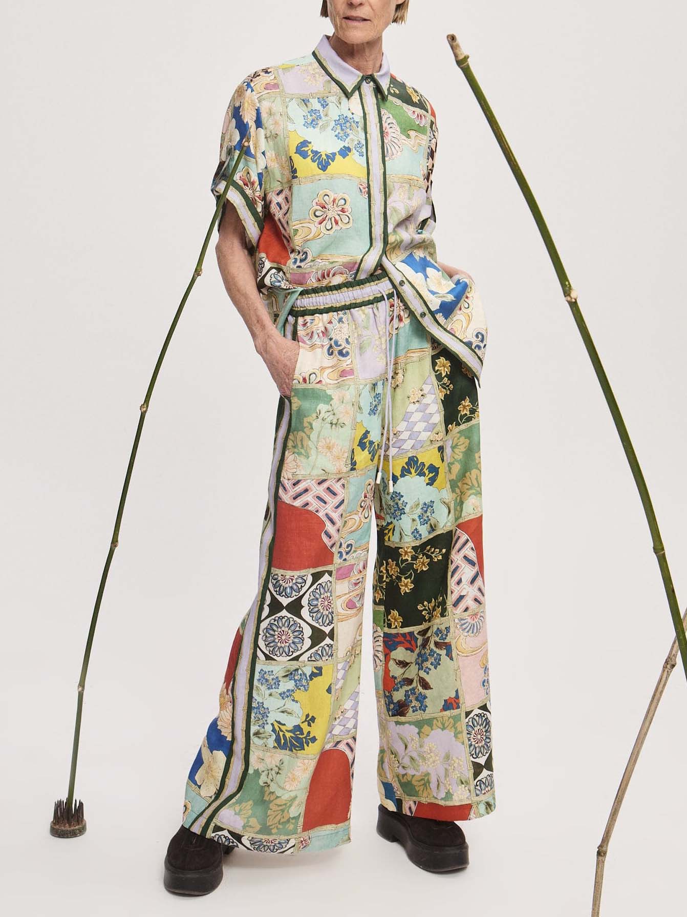 Vintage Artisan Patchwork-Print Hose mit weitem Bein