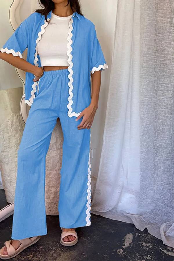 Casual Solid Color Shirt and Pants Suit Blue