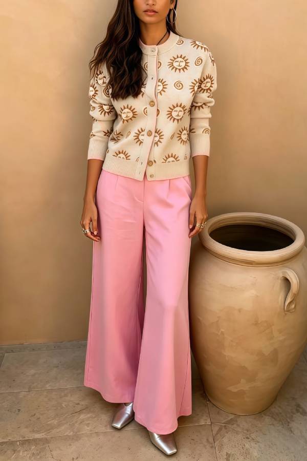 Vintage Sun Jacquard Knit Cardigan & High Waist Wide‑Leg Pants Two‑Piece Set