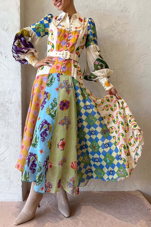Bold and Chic Irregular Unique Print Balloon Sleeve Belt Shirt Midi Dress Multicolor