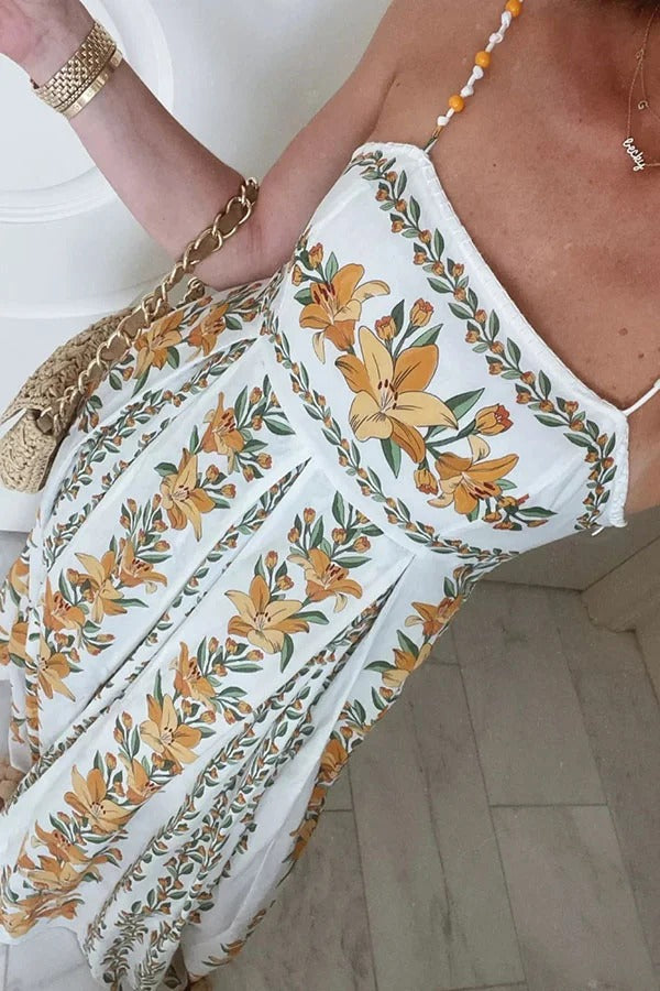 Summer Dreamer Linen Blend Unique Print Beaded Straps Pocketed Maxi Dress