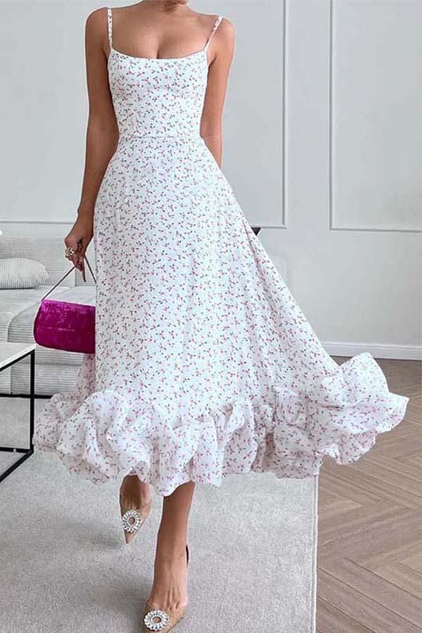 SPAGHETTI STRAP RUFFLES HEM FLORAL PRINT DRESS White