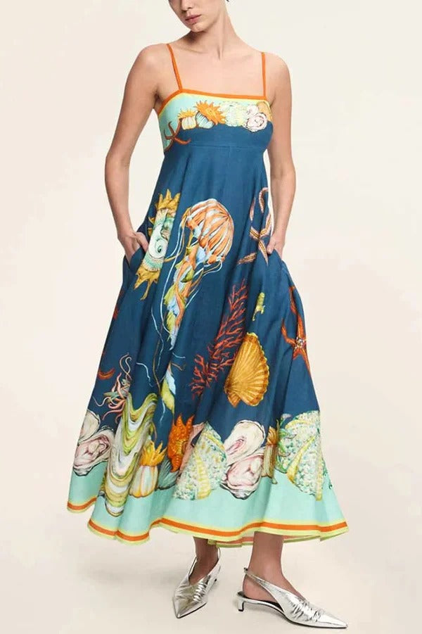 Linen Blend Unique Print Suspenders Back Pleated Pocket Resort Style Maxi Dress