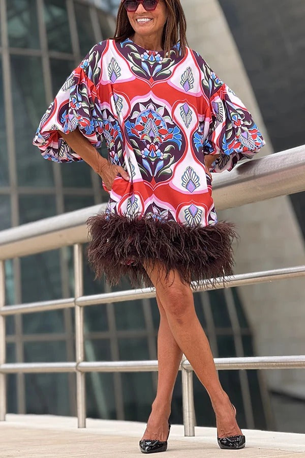 Make A Statement Unique Print Balloon Sleeve Pocket Feather Trim Mini Dress