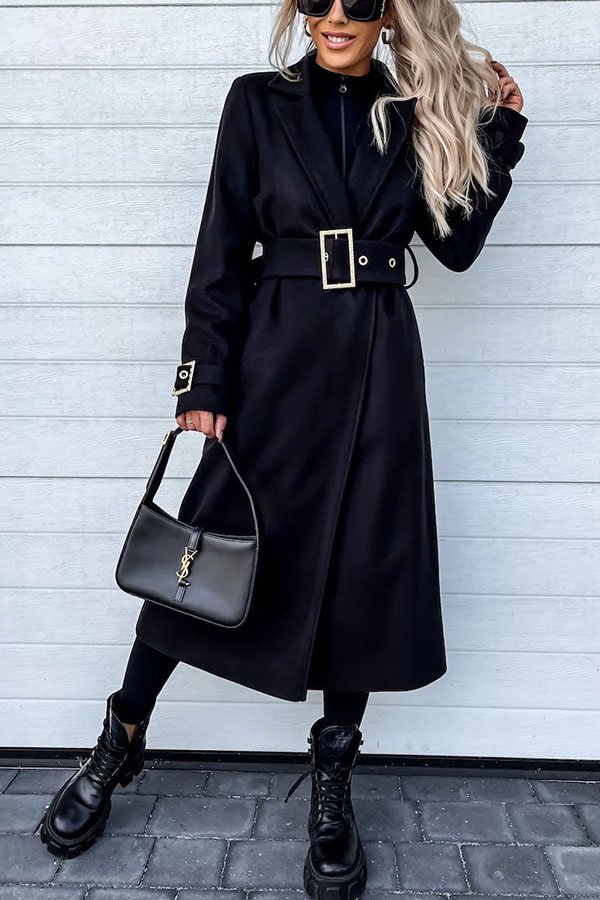 Style Expedition Woolen Belted Metal Button Lapel Midi Trench Coat Black