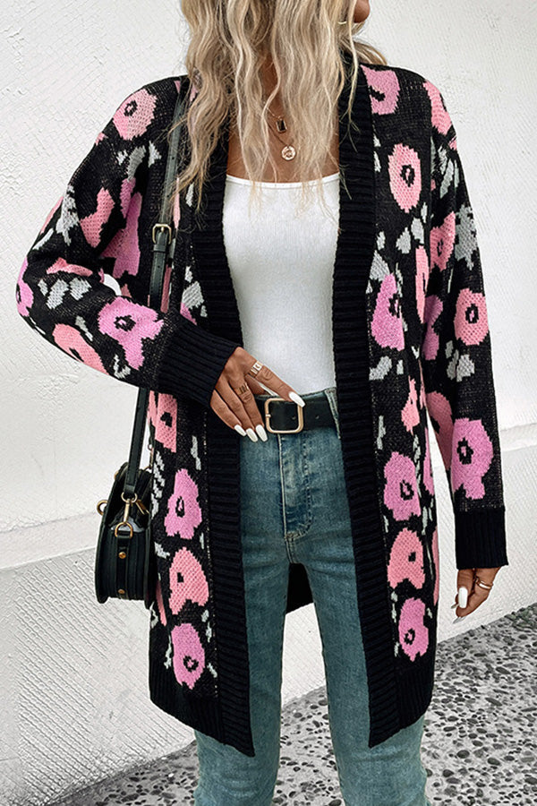 Floral Casual Women's Cardigan Sweater Black