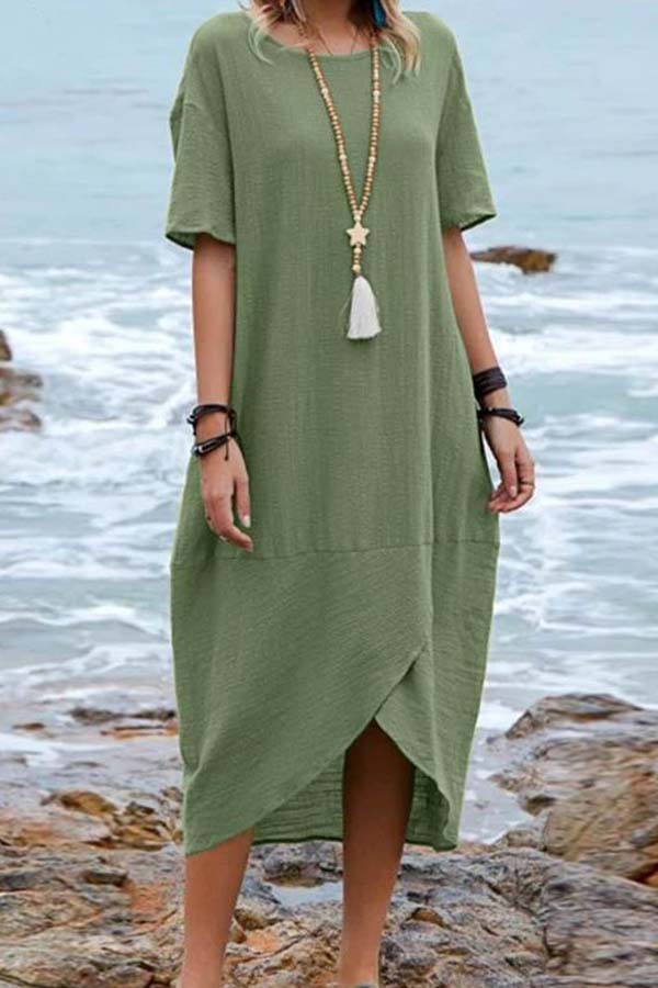 Solid Color Cotton Linen Retro Round Neck Short Sleeve Midi Dress Green XXXL