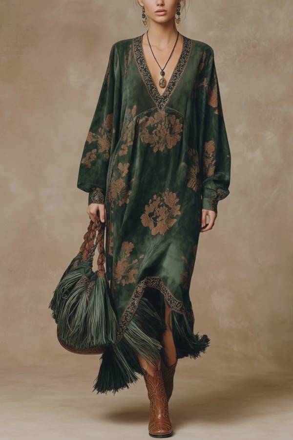 Retro Silhouette Printed Green Faux Suede Tassel Maxi Dress