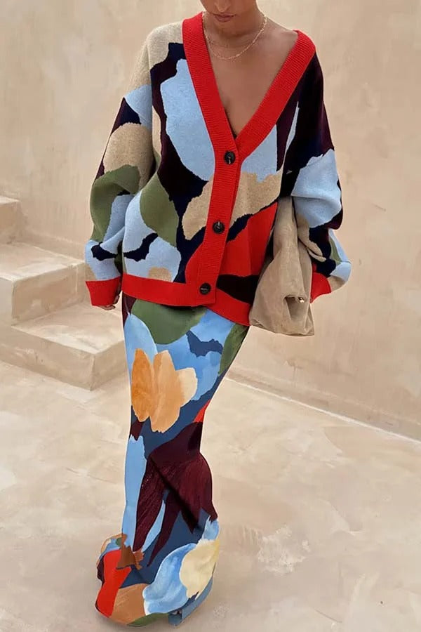 Bright and Bold Satin Abstract Color Blocks Print Elastic Waist Drape Maxi Skirt