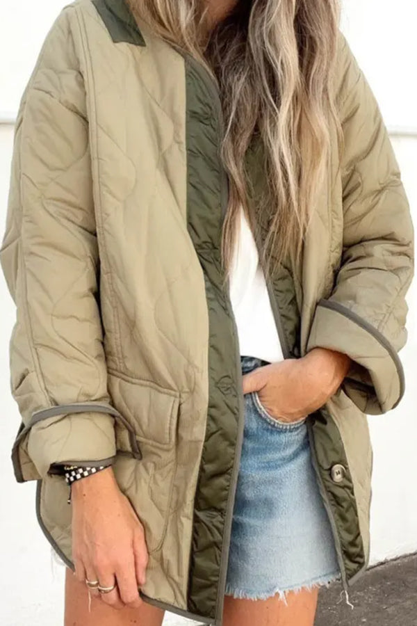 Women's Loose Cotton Jacket Color Block Pocket Casual Jacket Khaki