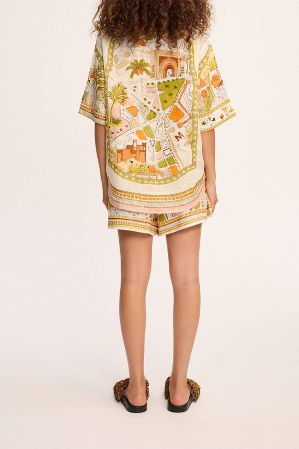 Retro Map Print Loose Shirt & Shorts Two-Piece Set