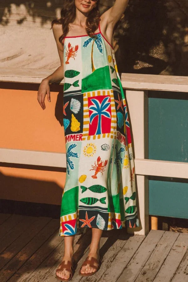 Summer-themed Printed Square Neck Sleeveless Pocket Loose Maxi Dress