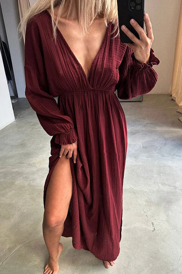 Casual V-neck Slit Cotton and Linen Dress Red