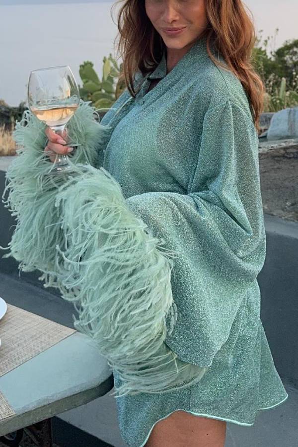 GREEN Ostrich Feather Shirt Blue