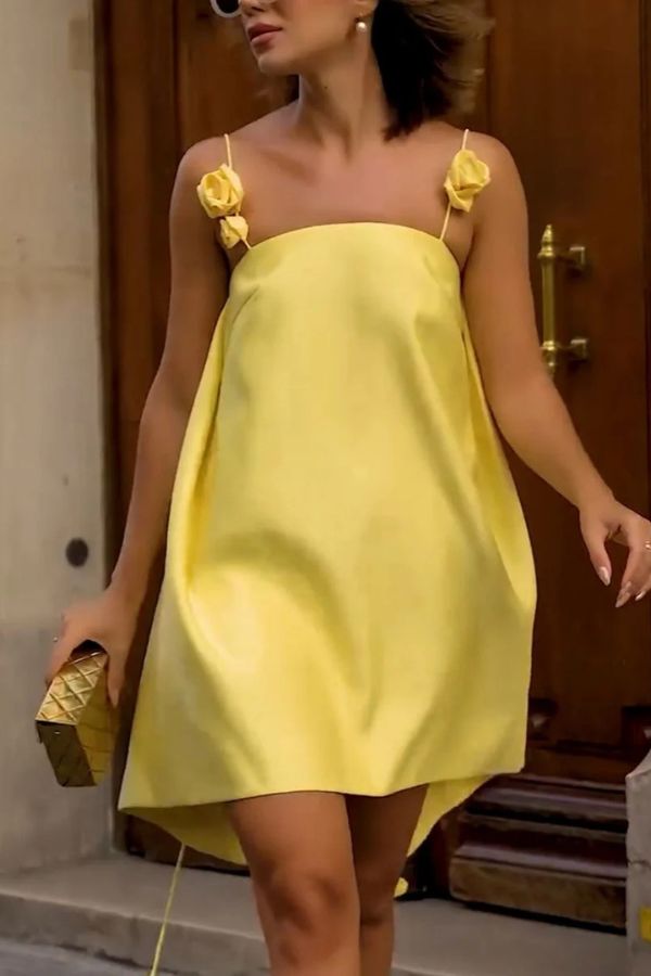 Chic floral suspender loose mini dress Yellow