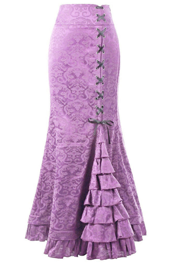 Fashionable and sexy fishtail belted jacquard long skirt Lilac