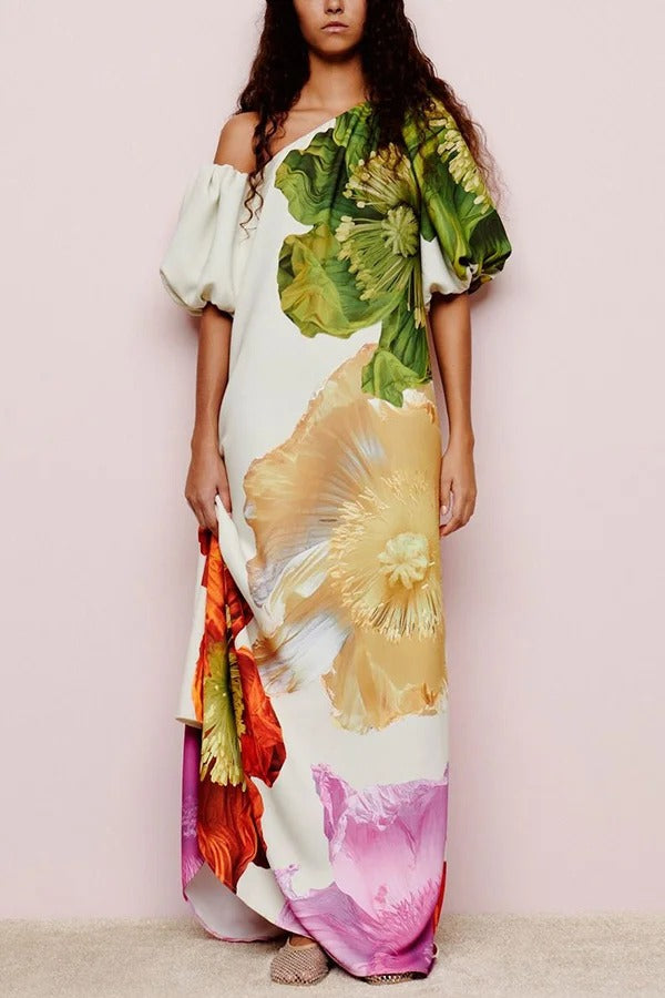 Floral Print Slant Collar Puff Sleeves Loose Holiday Maxi Dress