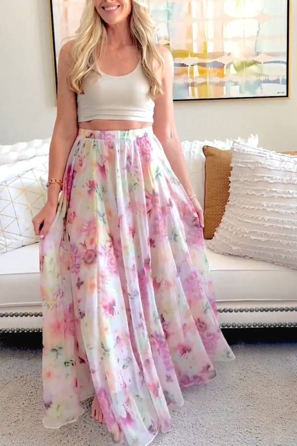Sunflower Blossom Watercolor Chiffon Maxi Skirt in Pink