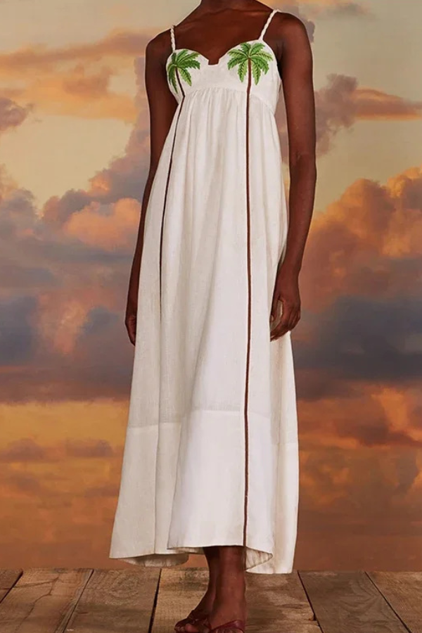 Coconut Tree Pattern Pleated Tank Top A-Line Maxi Dress White
