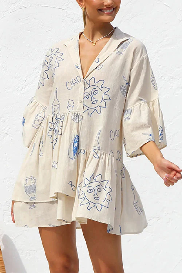 Flare Sleeves Button Down Graffiti Print Ruffle Shirt Dress Apricot