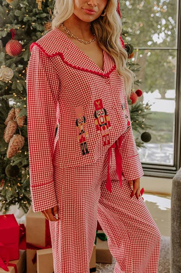 Nutcracker Charm Embroidered Gingham Loose Shirt and Elastic Waist Pajama Set
