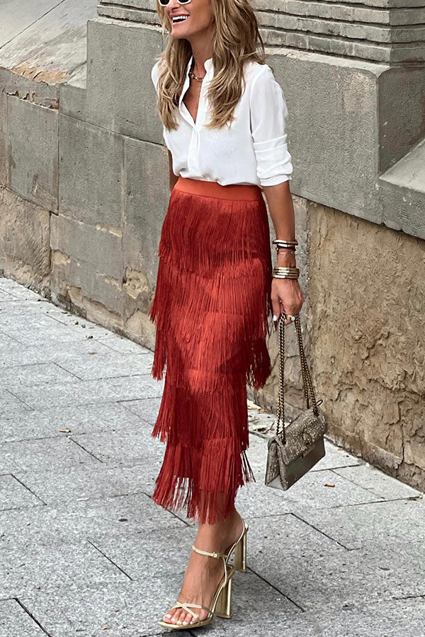 Stylish fringed slim fit skirt Brown