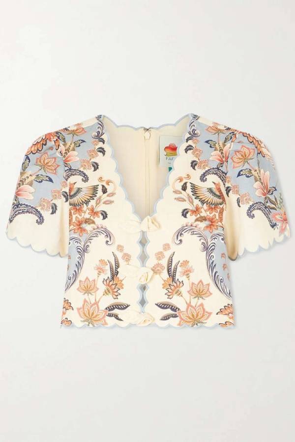 Vintage Chinoiserie Print Two-Piece Set – Scalloped Edge Frog-Closure Top & Wrap Midi Skirt