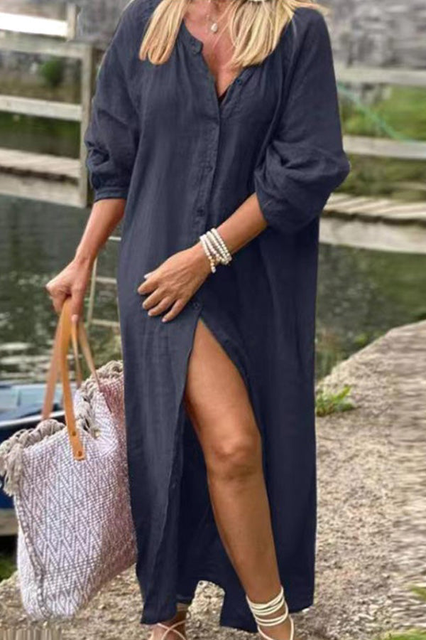 Cotton Leaf Long Solid Button Down Shirt Navy blue