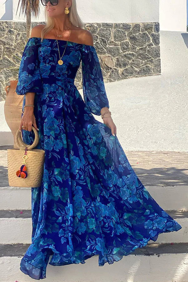 Floral Off Shoulder Back Smocked Vacation Maxi Dress Blue