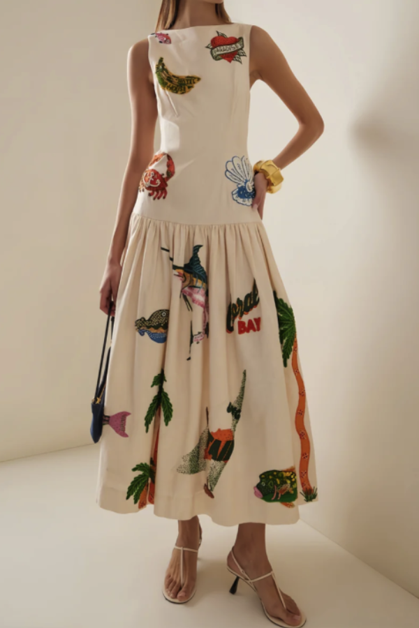 Unique Print Ocean Fashion Midi Dress Apricot