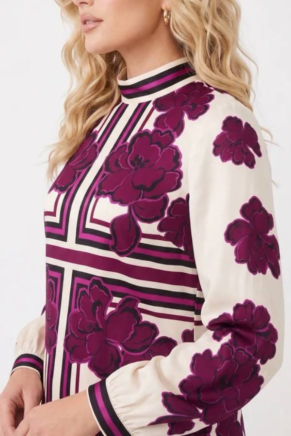 Geometric Floral Mock Neck Shift Dress