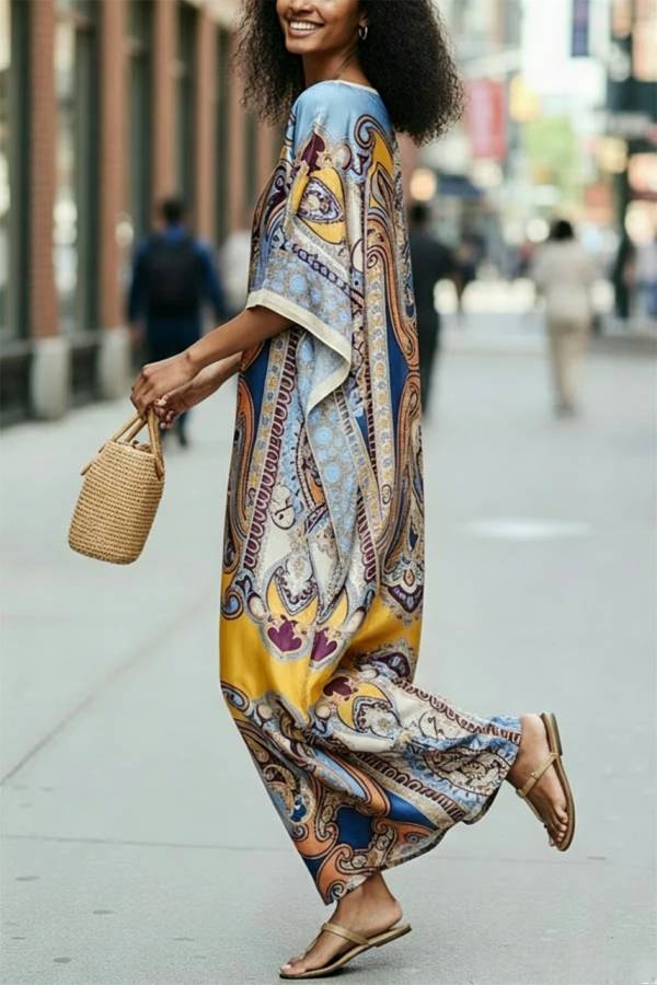 Luxury Vacation Satin Court-style Printed Batwing Sleeve Loose Kaftan Maxi Dress
