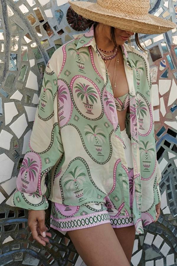 Tropical Style Linen Blend Unique Print Long Sleeve Shirt and Elastic Waist Pocket Shorts Set