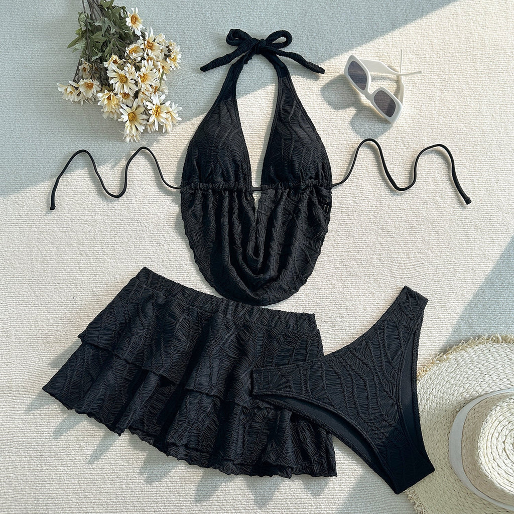 Halter Deep V Ruched Three-Piece Swimsuit